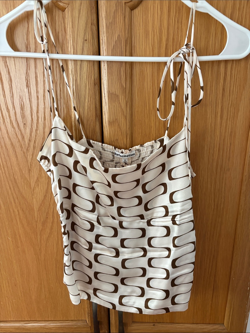 Reformation Cream and Brown Geometric Tie-Shoulder Cami